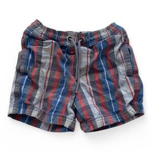 Mini Boden Plaid Pull-On Shorts Boys Red Blue Gray Drawstring Cotton Size 3-4Y